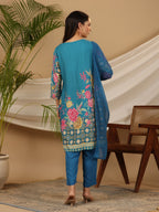 Juniper Blue Floral Printed Rayon Kurta Pants & Dupatta Set With Sequins Work