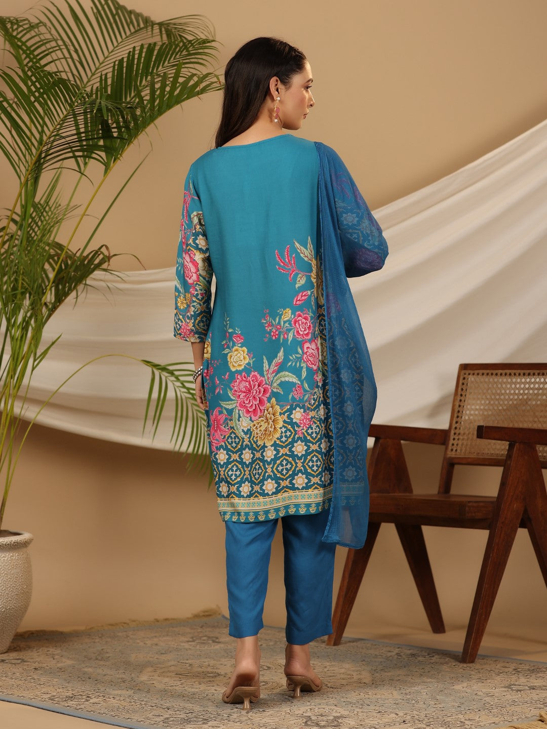 Juniper Blue Floral Printed Rayon Kurta Pants & Dupatta Set With Sequins Work