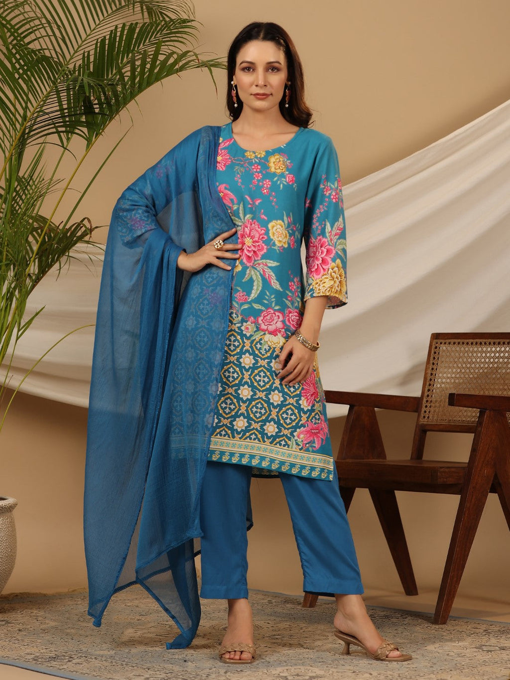 Juniper Blue Floral Printed Rayon Kurta Pants & Dupatta Set With Sequins Work
