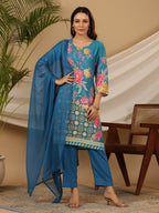 Juniper Blue Floral Printed Rayon Kurta Pants & Dupatta Set With Sequins Work
