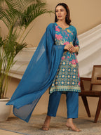 Juniper Blue Floral Printed Rayon Kurta Pants & Dupatta Set With Sequins Work