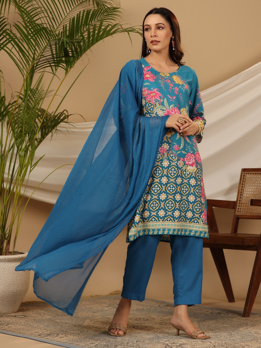 Juniper Blue Floral Printed Rayon Kurta Pants & Dupatta Set With Sequins Work