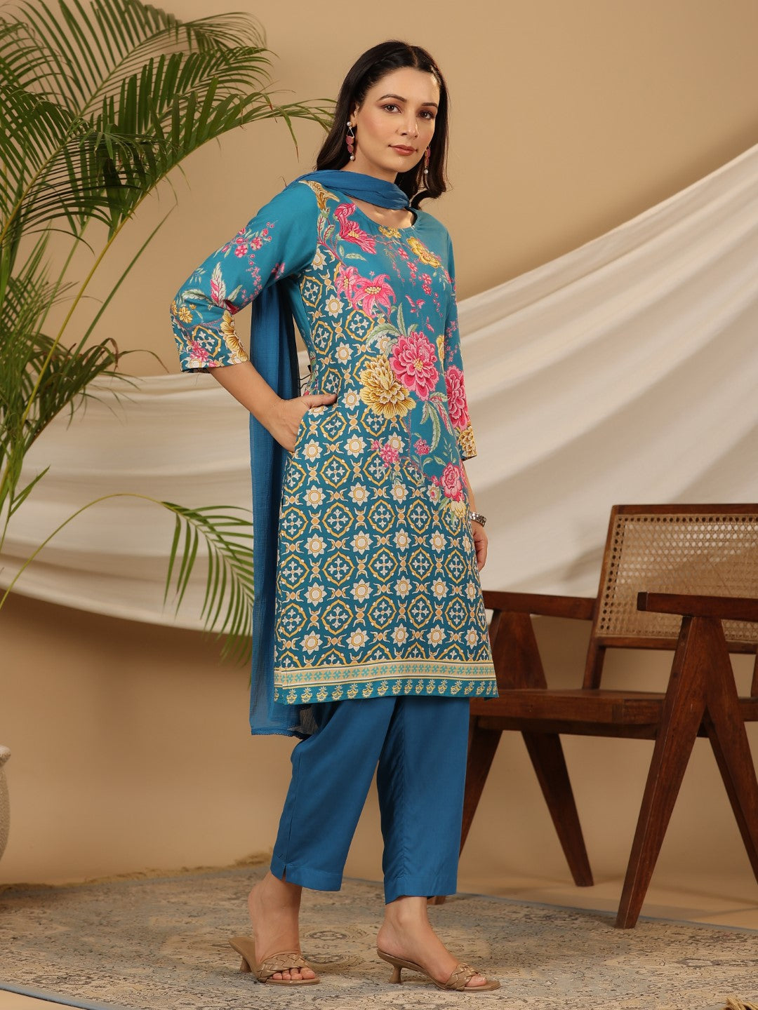 Juniper Blue Floral Printed Rayon Kurta Pants & Dupatta Set With Sequins Work