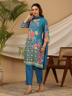 Juniper Blue Floral Printed Rayon Kurta Pants & Dupatta Set With Sequins Work