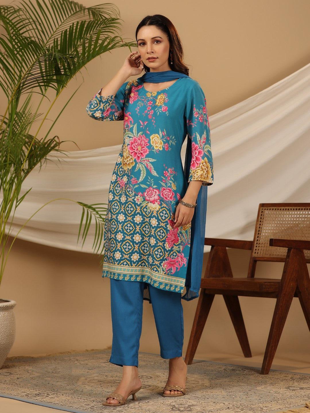 Juniper Blue Floral Printed Rayon Kurta Pants & Dupatta Set With Sequins Work