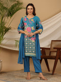 Juniper Blue Floral Printed Rayon Kurta Pants & Dupatta Set With Sequins Work