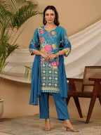 Juniper Blue Floral Printed Rayon Kurta Pants & Dupatta Set With Sequins Work