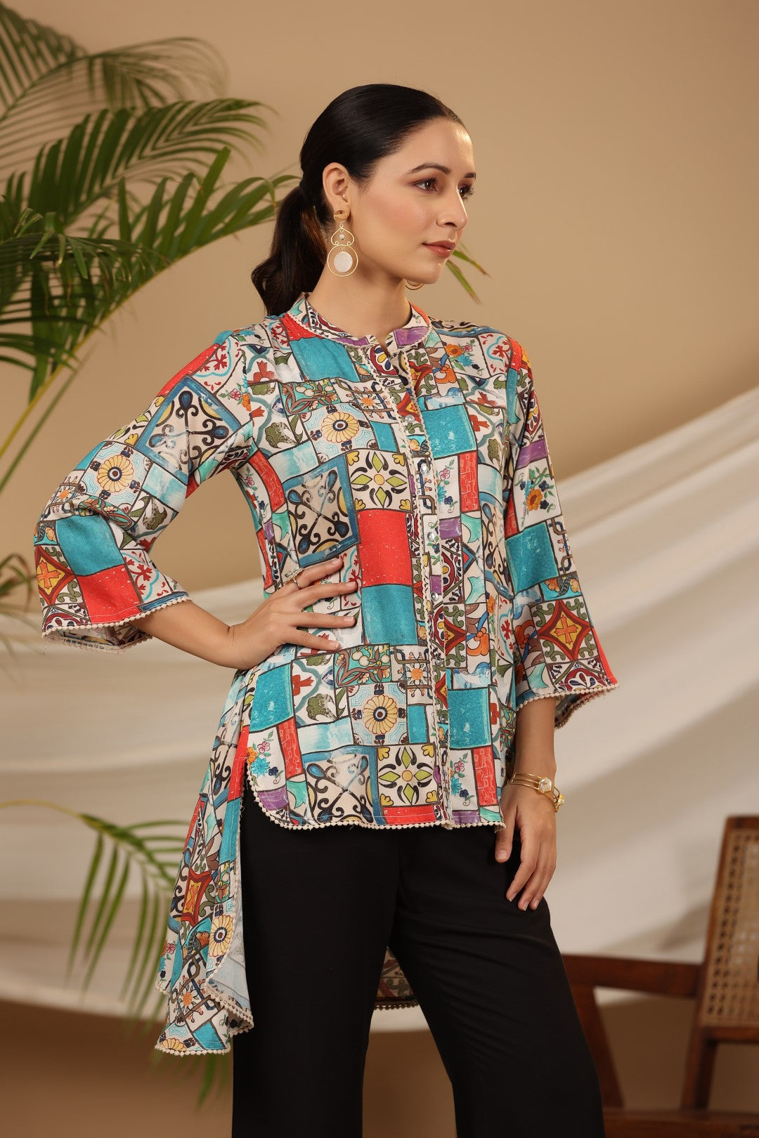 Juniper Blue Rayon Ethnic Motif Printed High-Lacy Mandarin Collar Women Tunic