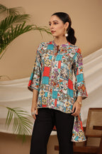 Juniper Blue Rayon Ethnic Motif Printed High-Lacy Mandarin Collar Women Tunic