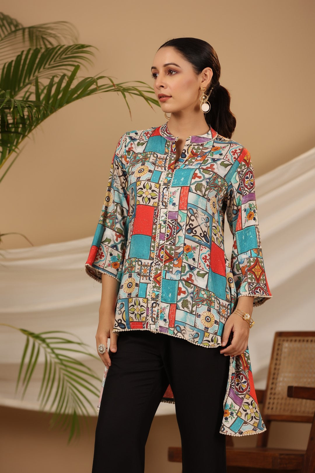 Juniper Blue Rayon Ethnic Motif Printed High-Lacy Mandarin Collar Women Tunic
