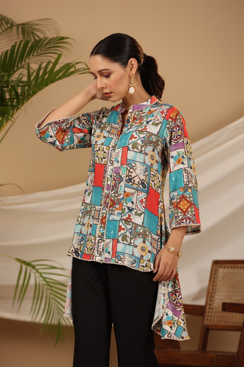 Juniper Blue Rayon Ethnic Motif Printed High-Lacy Mandarin Collar Women Tunic
