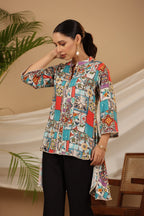 Juniper Blue Rayon Ethnic Motif Printed High-Lacy Mandarin Collar Women Tunic
