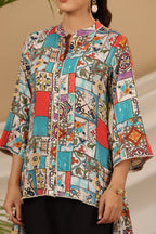 Juniper Blue Rayon Ethnic Motif Printed High-Lacy Mandarin Collar Women Tunic