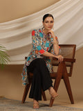 Juniper Blue Rayon Ethnic Motif Printed High-Lacy Mandarin Collar Women Tunic
