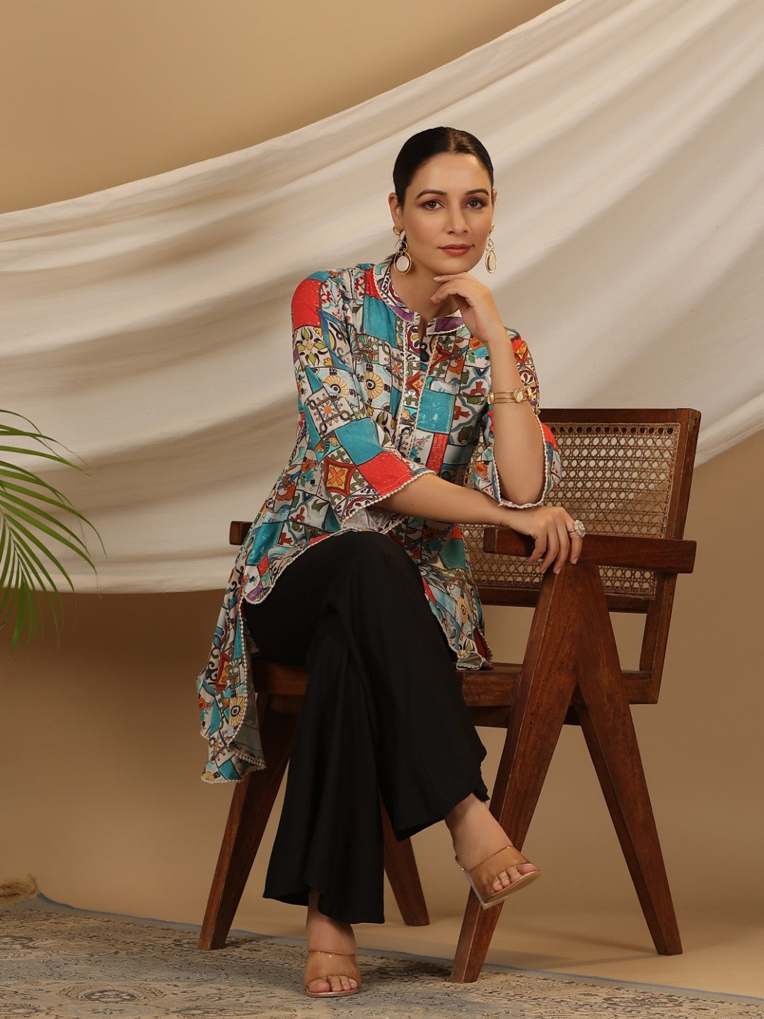 Juniper Blue Rayon Ethnic Motif Printed High-Lacy Mandarin Collar Women Tunic