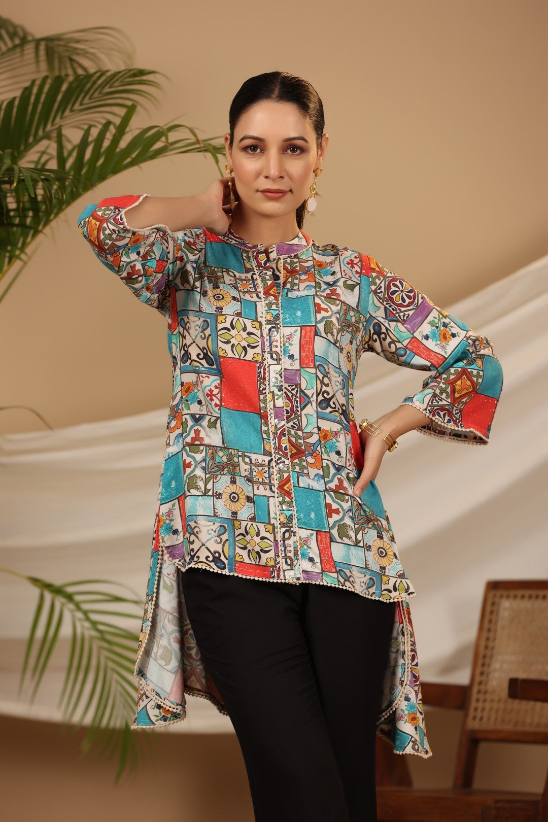 Juniper Blue Rayon Ethnic Motif Printed High-Lacy Mandarin Collar Women Tunic