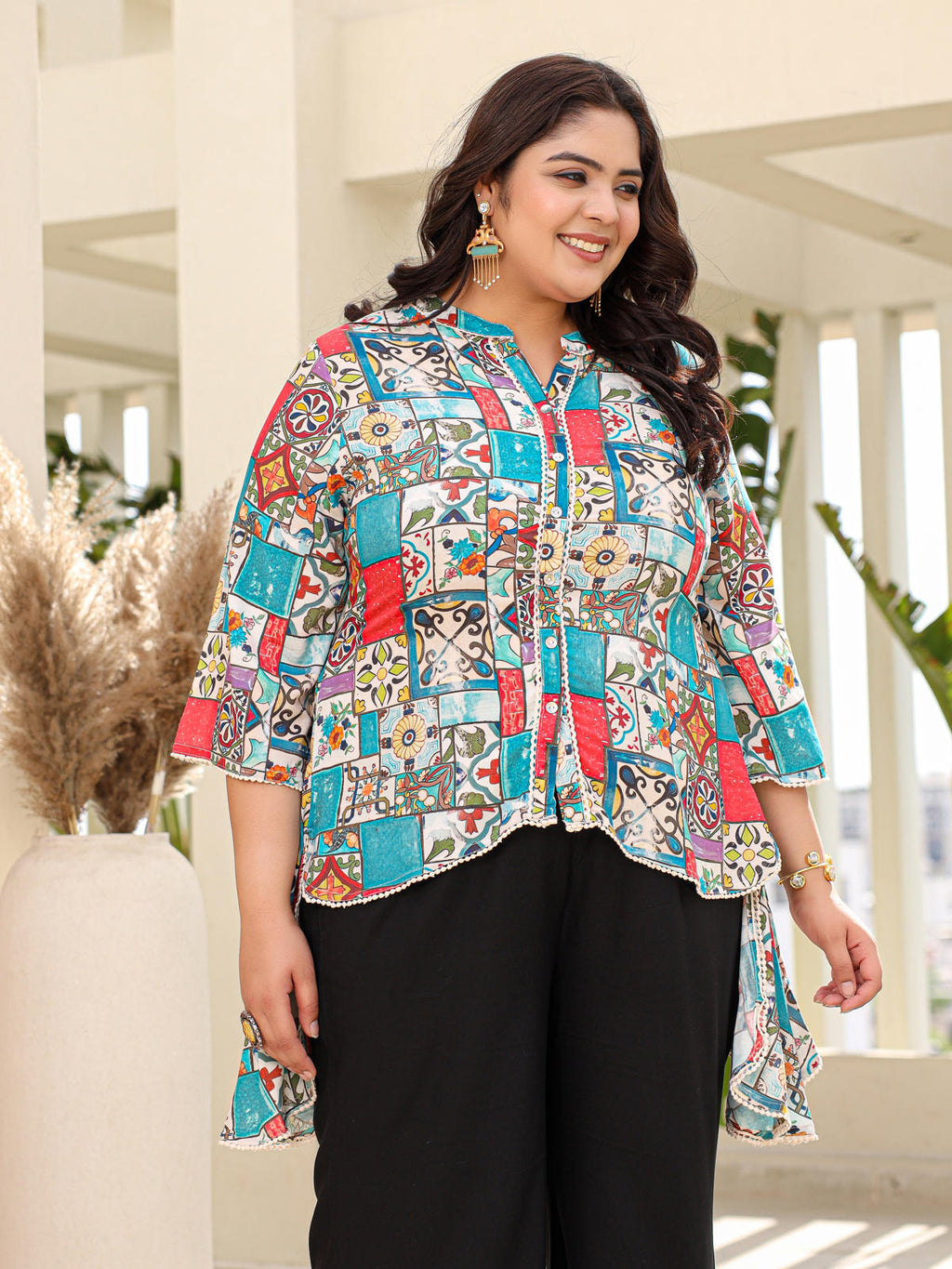 Juniper Women's The Digitopia Multi-Coloured Rayon Printed High-Low Tunic
