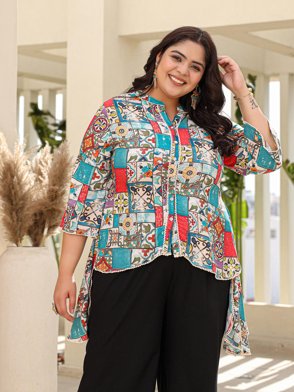 Juniper Women's The Digitopia Multi-Coloured Rayon Printed High-Low Tunic
