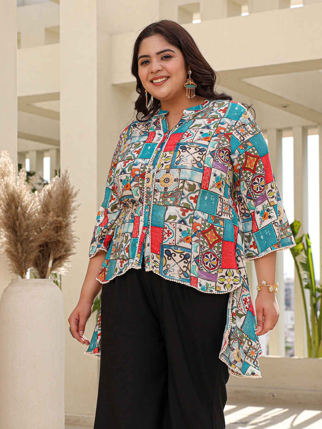 Juniper Women's The Digitopia Multi-Coloured Rayon Printed High-Low Tunic
