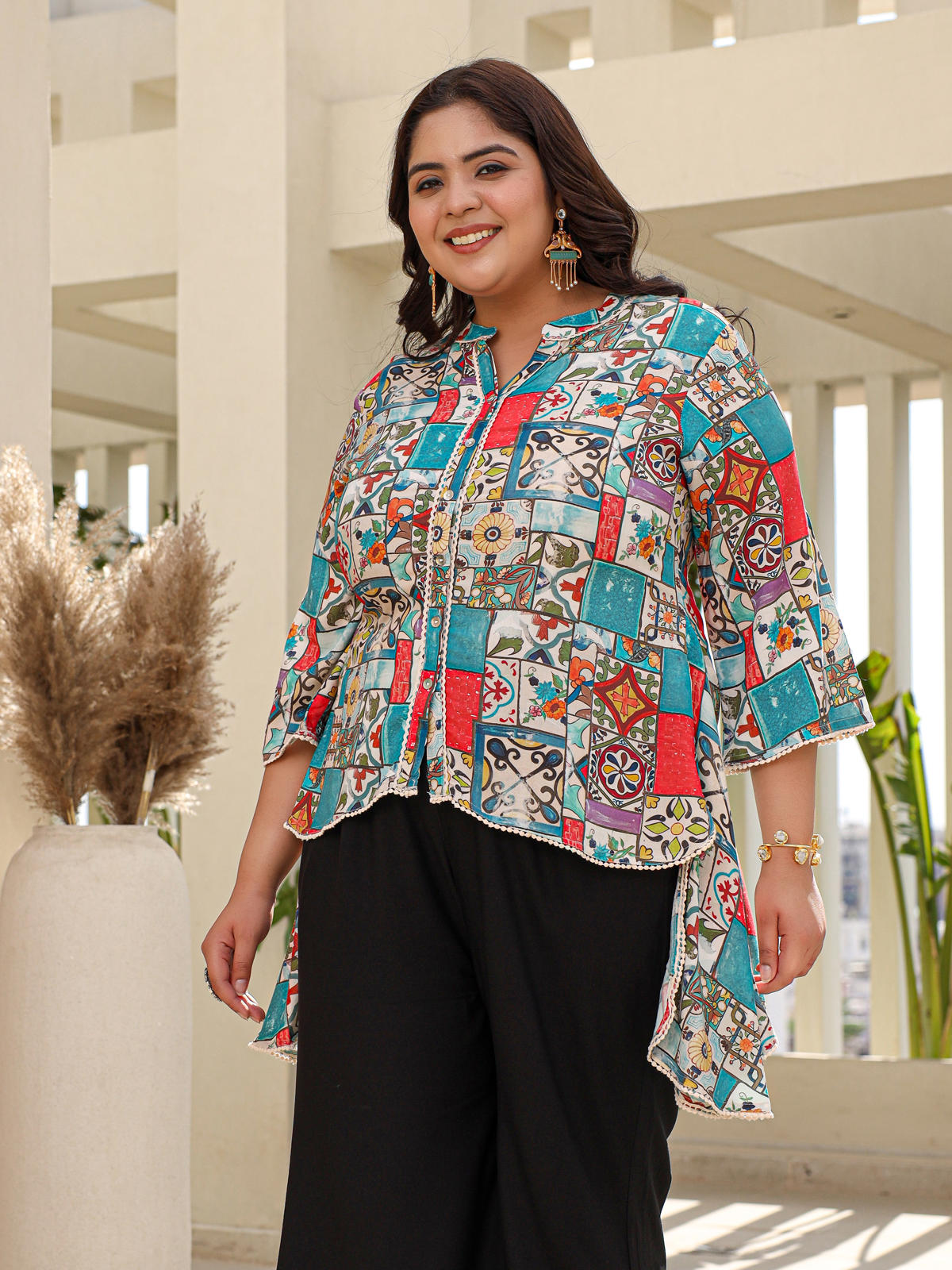 Juniper Women's The Digitopia Multi-Coloured Rayon Printed High-Low Tunic