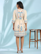 Juniper Women's Off-White Rayon Ikat Printed Fit & Flare Lacy Short Dress With Dori Tie-Up At Waist - Distacart
