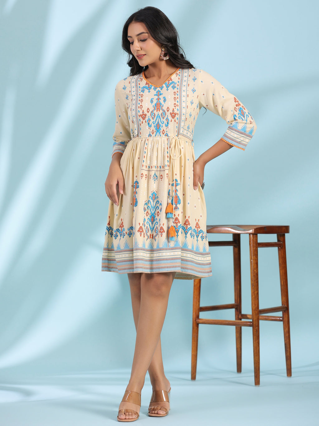 Juniper Women's Off-White Rayon Ikat Printed Fit & Flare Lacy Short Dress With Dori Tie-Up At Waist - Distacart