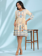 Juniper Women's Off-White Rayon Ikat Printed Fit & Flare Lacy Short Dress With Dori Tie-Up At Waist - Distacart