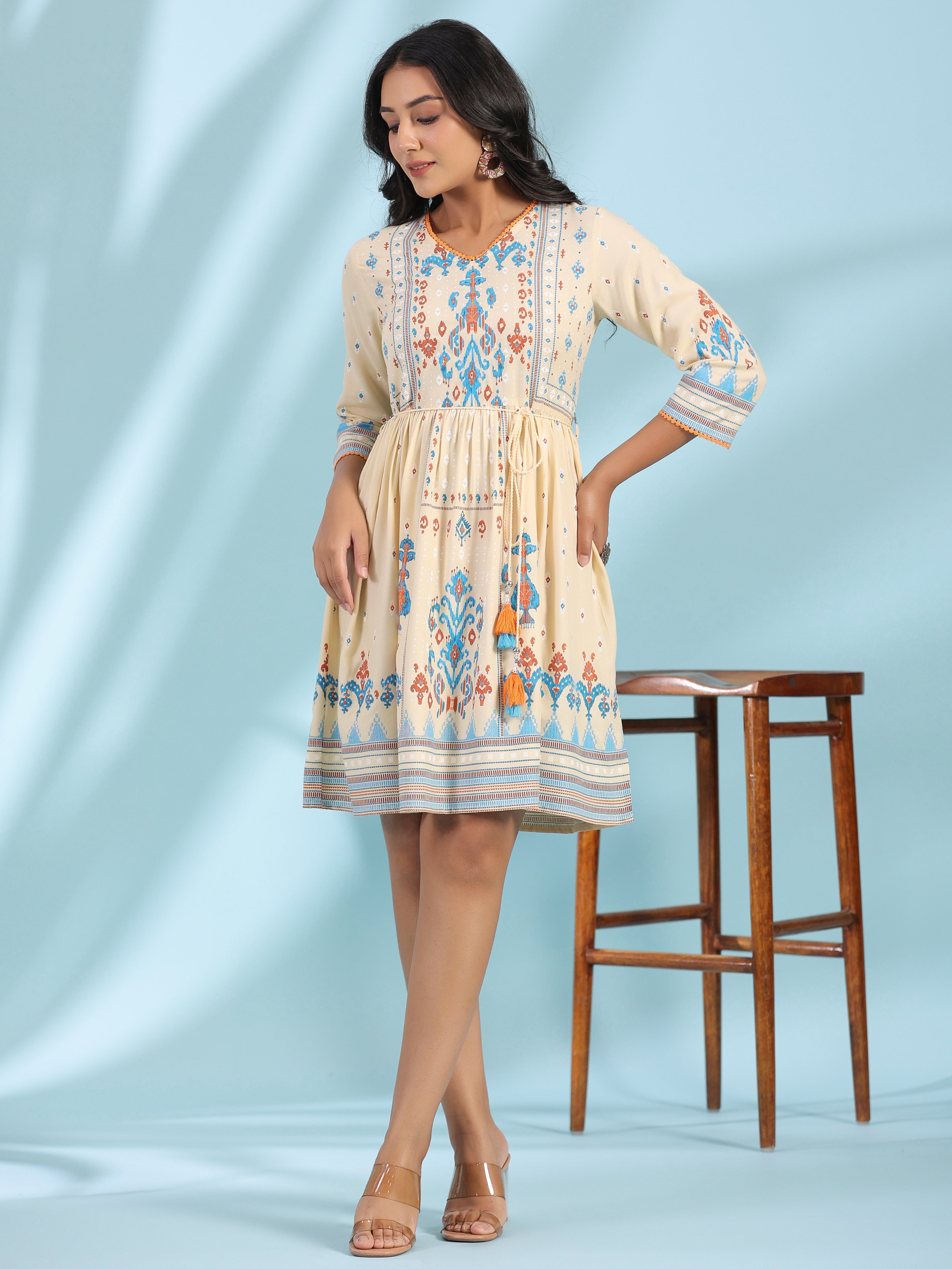 Juniper Women's Off-White Rayon Ikat Printed Fit & Flare Lacy Short Dress With Dori Tie-Up At Waist - Distacart