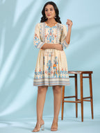 Juniper Women's Off-White Rayon Ikat Printed Fit & Flare Lacy Short Dress With Dori Tie-Up At Waist - Distacart