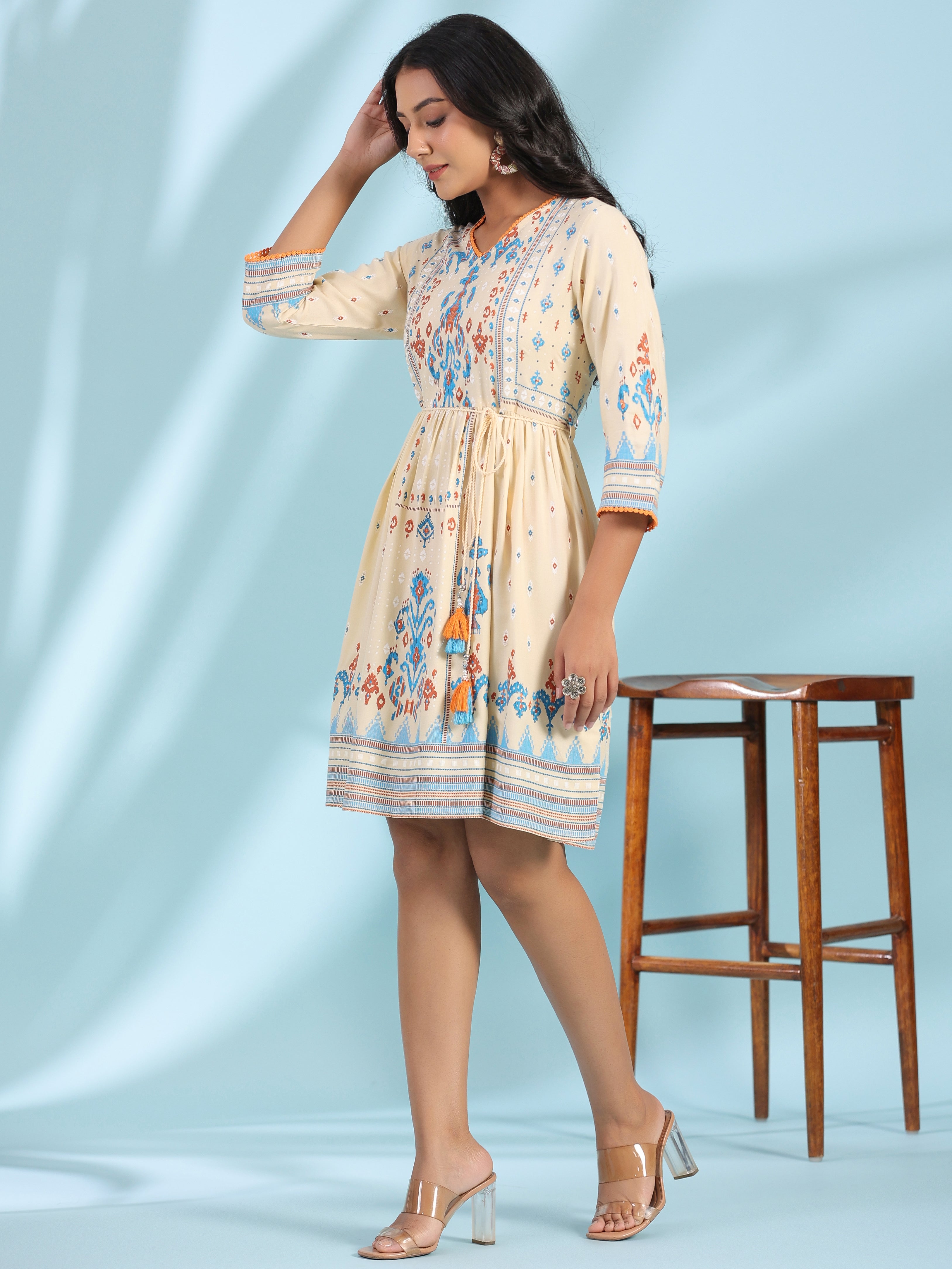 Juniper Women's Off-White Rayon Ikat Printed Fit & Flare Lacy Short Dress With Dori Tie-Up At Waist - Distacart