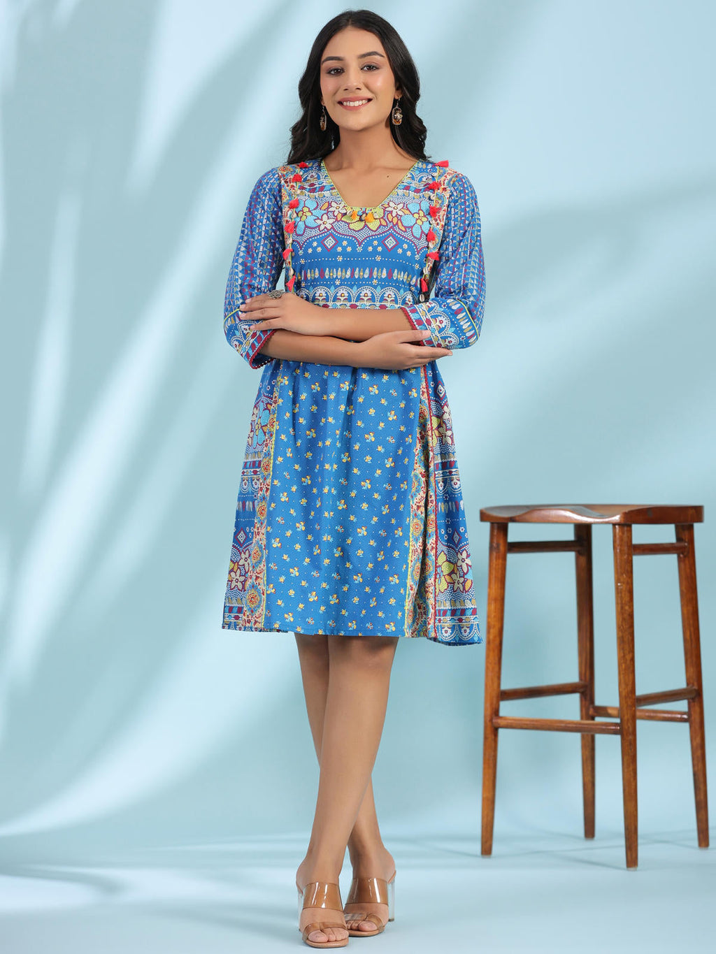Juniper Women's Blue Floral Printed Pure Cotton Dress With Beads & sequins Work - Distacart
