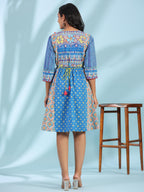 Juniper Women's Blue Floral Printed Pure Cotton Dress With Beads & sequins Work - Distacart
