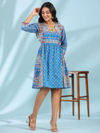Juniper Women's Blue Floral Printed Pure Cotton Dress With Beads & sequins Work - Distacart