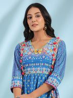 Juniper Women's Blue Floral Printed Pure Cotton Dress With Beads & sequins Work - Distacart