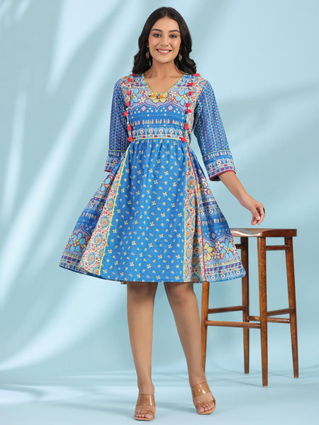 Juniper Women's Blue Floral Printed Pure Cotton Dress With Beads & sequins Work