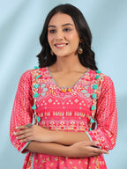 Juniper Women's Pink Pure Cotton Floral Printed Panelled Short Dress With Contrasting Tassels & Beadwork - Distacart