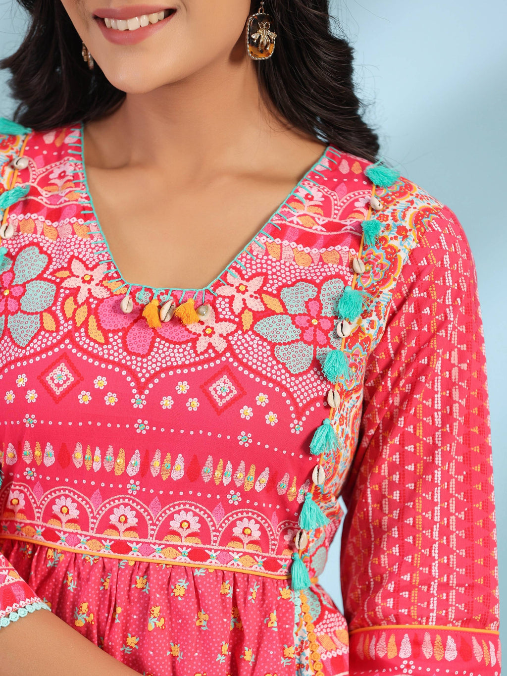 Juniper Women's Pink Pure Cotton Floral Printed Panelled Short Dress With Contrasting Tassels & Beadwork - Distacart