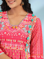 Juniper Women's Pink Pure Cotton Floral Printed Panelled Short Dress With Contrasting Tassels & Beadwork - Distacart