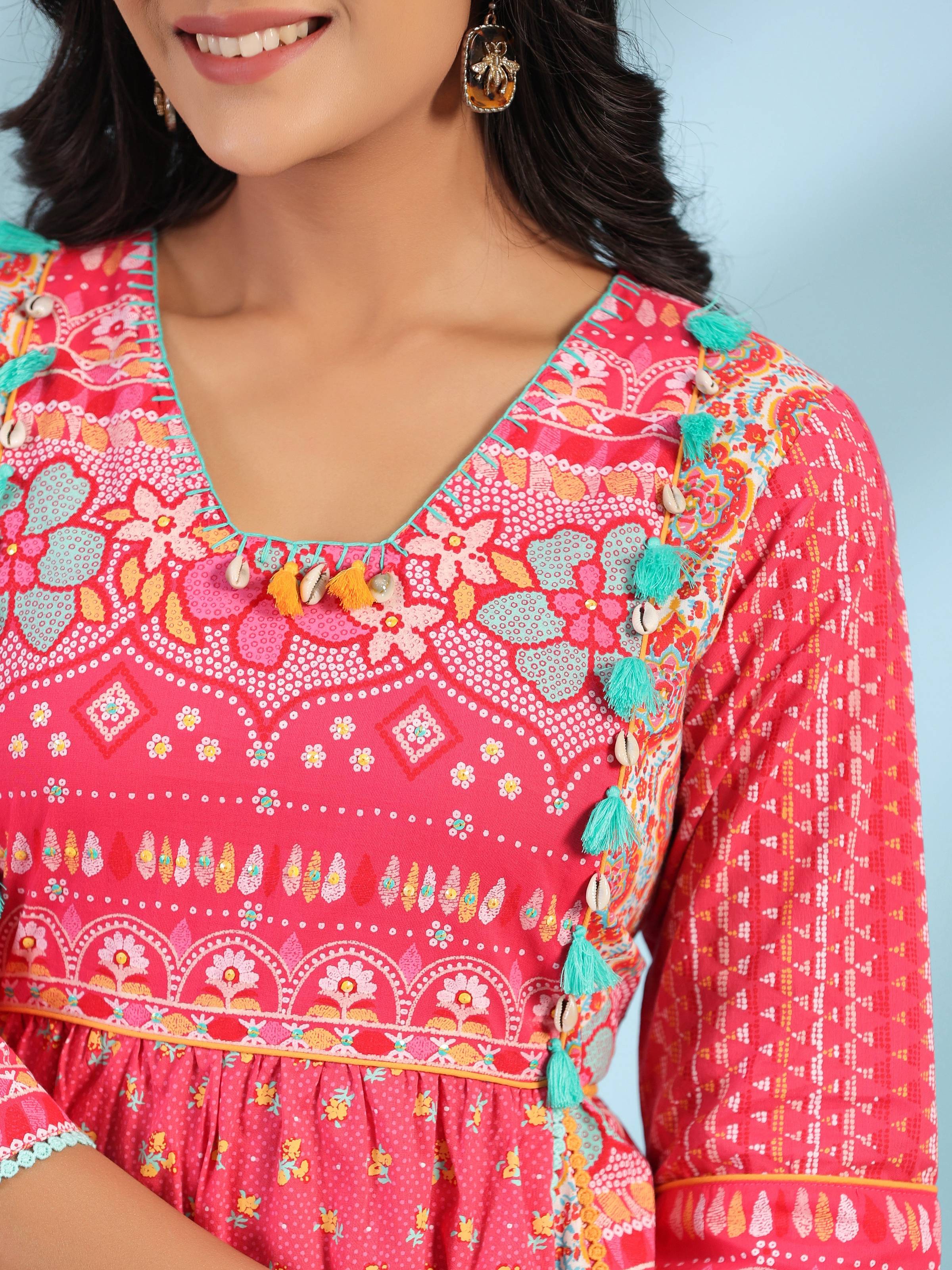 Juniper Women's Pink Pure Cotton Floral Printed Panelled Short Dress With Contrasting Tassels & Beadwork - Distacart