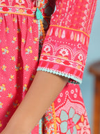Juniper Women's Pink Pure Cotton Floral Printed Panelled Short Dress With Contrasting Tassels & Beadwork - Distacart