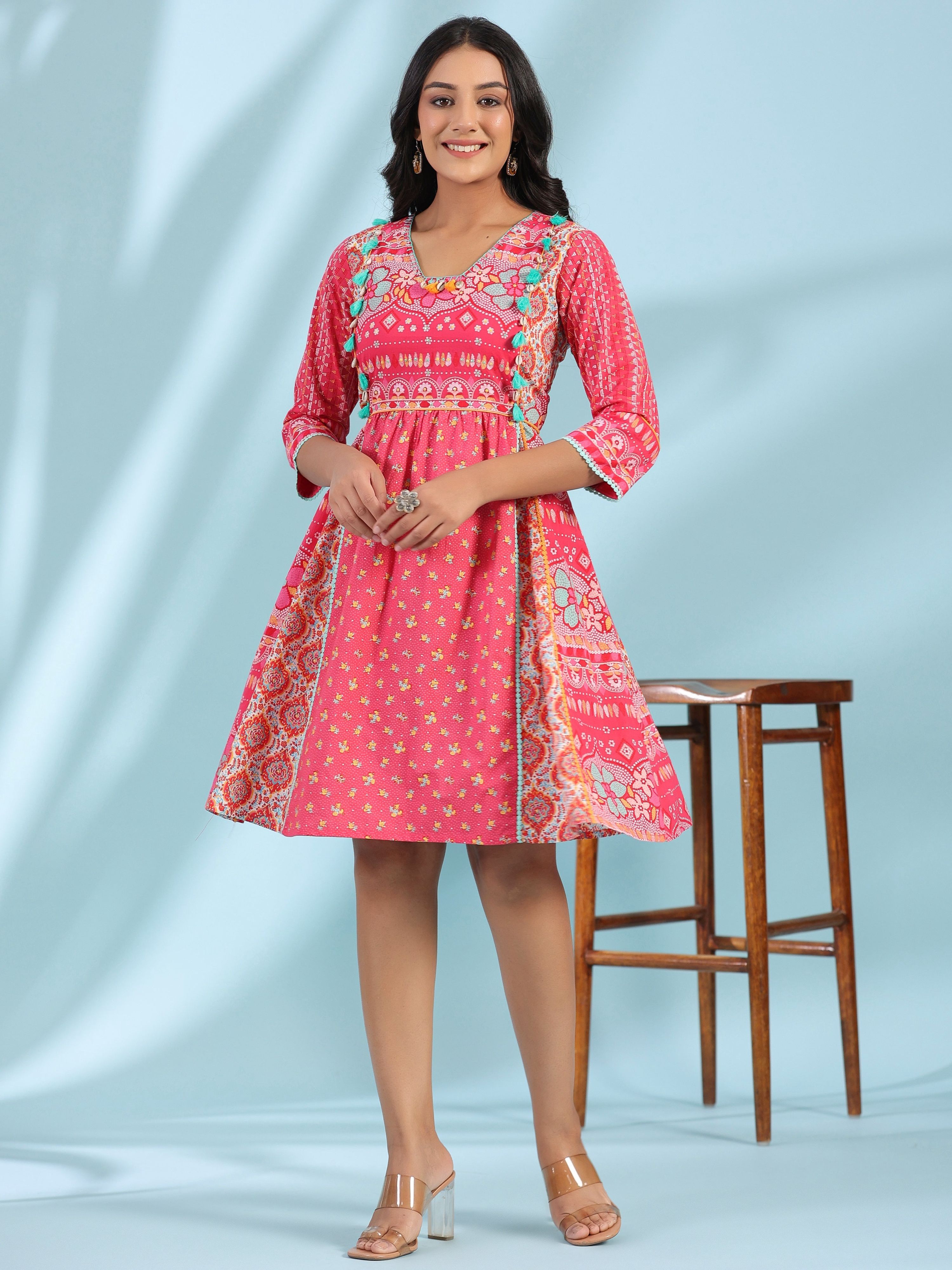Juniper Women's Pink Pure Cotton Floral Printed Panelled Short Dress With Contrasting Tassels & Beadwork - Distacart