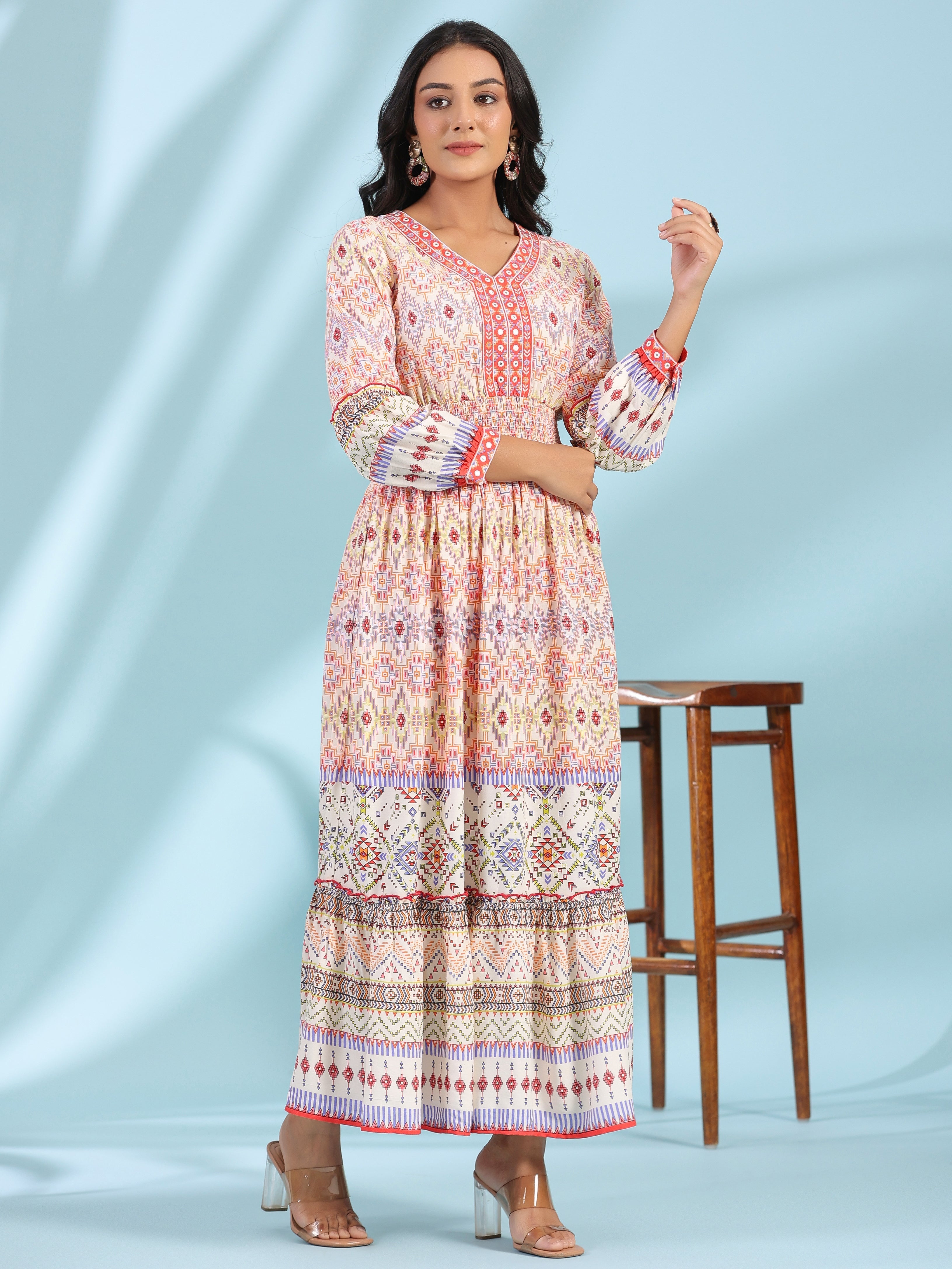 Juniper Women's Off-White Rayon Geometric Printed Tiered Maxi Dress With Mirror Work - Distacart