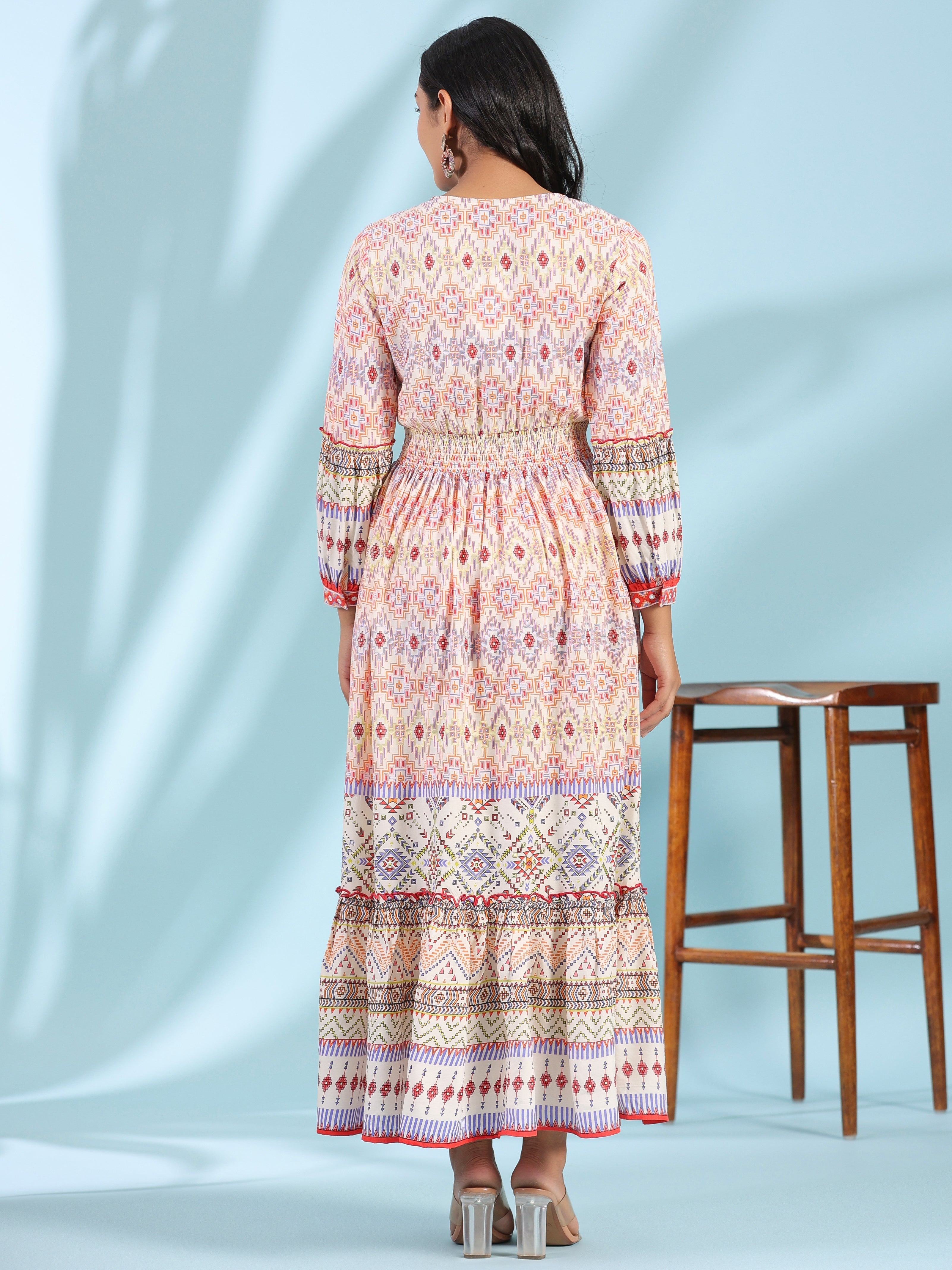 Juniper Women's Off-White Rayon Geometric Printed Tiered Maxi Dress With Mirror Work - Distacart