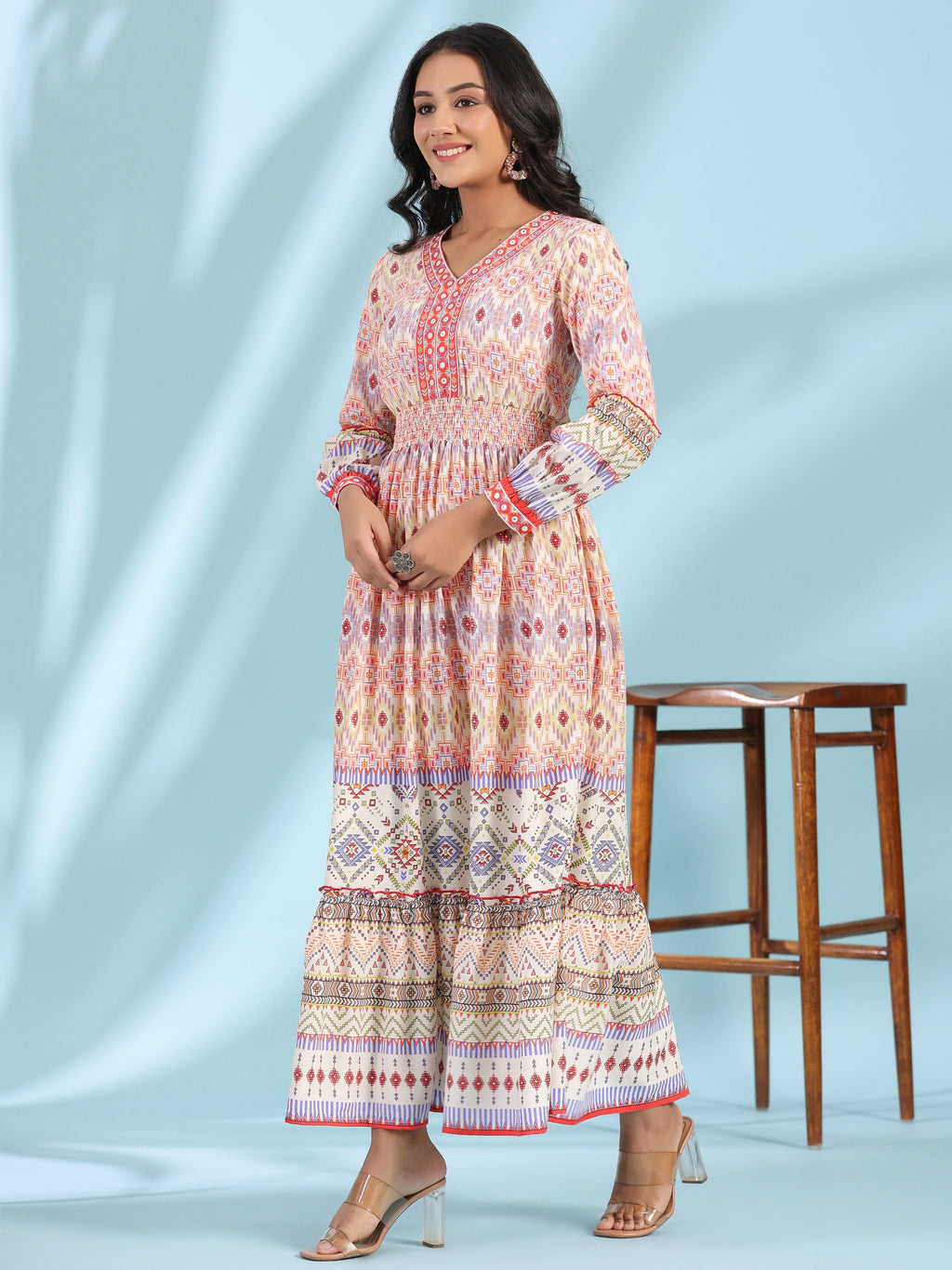 Juniper Women's Off-White Rayon Geometric Printed Tiered Maxi Dress With Mirror Work - Distacart