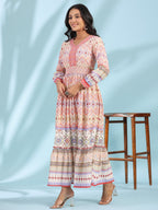 Juniper Women's Off-White Rayon Geometric Printed Tiered Maxi Dress With Mirror Work - Distacart
