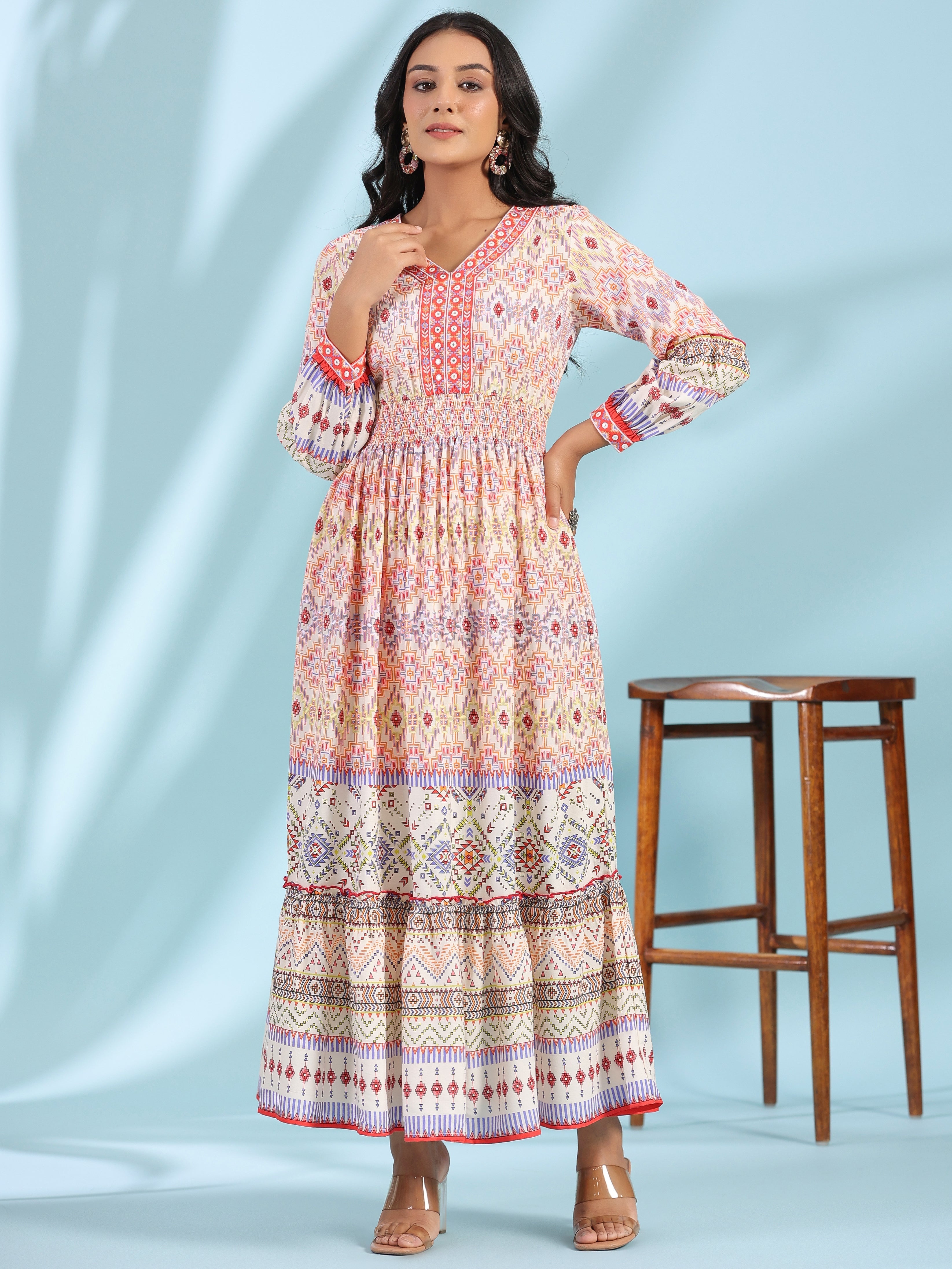 Juniper Women's Off-White Rayon Geometric Printed Tiered Maxi Dress With Mirror Work - Distacart