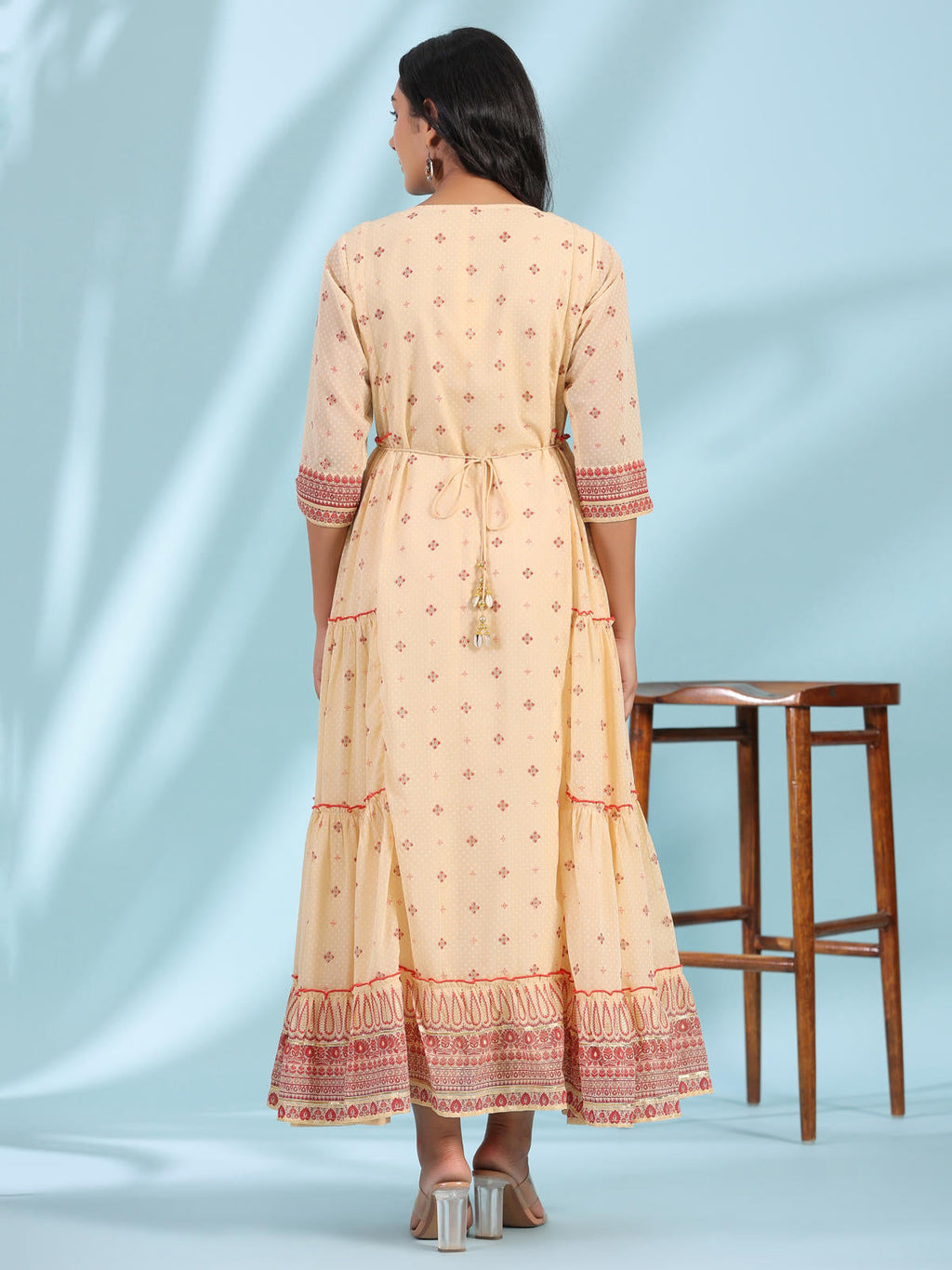 Juniper Women's Festive Ivory Ethnic Motif Printed Tiered Dress With Sequins & Beadwork - Distacart
