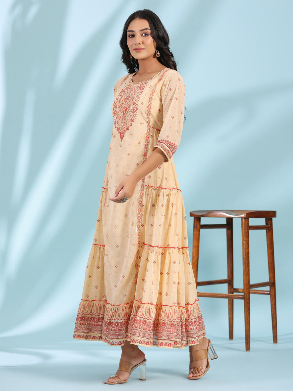 Juniper Women's Festive Ivory Ethnic Motif Printed Tiered Dress With Sequins & Beadwork - Distacart