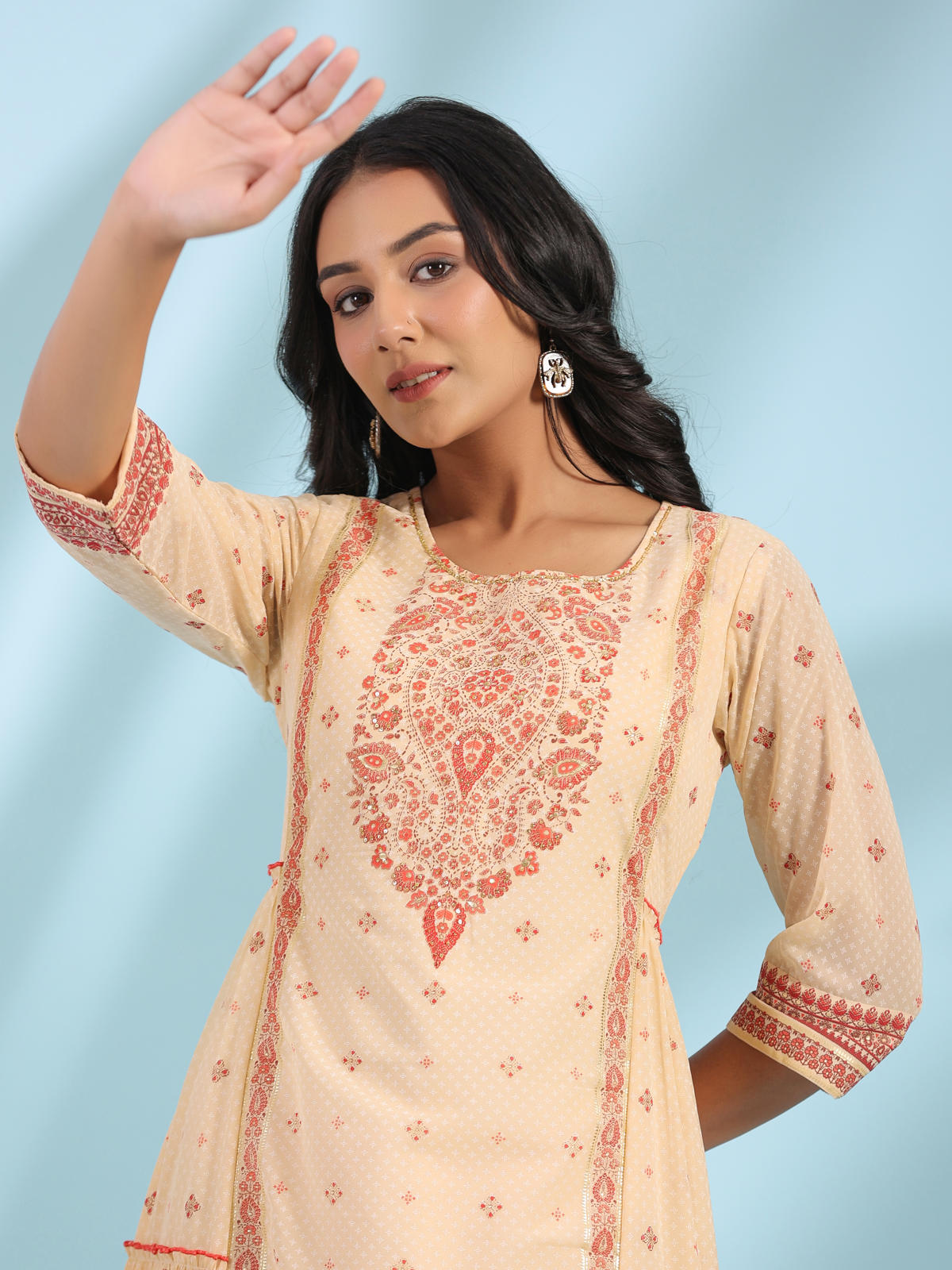 Juniper Women's Festive Ivory Ethnic Motif Printed Tiered Dress With Sequins & Beadwork - Distacart