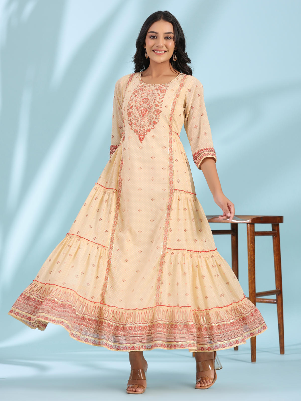Juniper Women's Festive Ivory Ethnic Motif Printed Tiered Dress With Sequins & Beadwork - Distacart